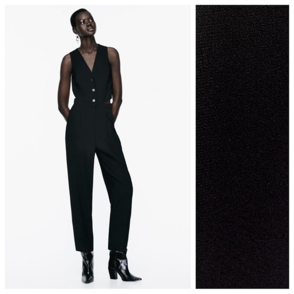 Zara Black Darted Sleeveless V-neck Jumpsuit.
